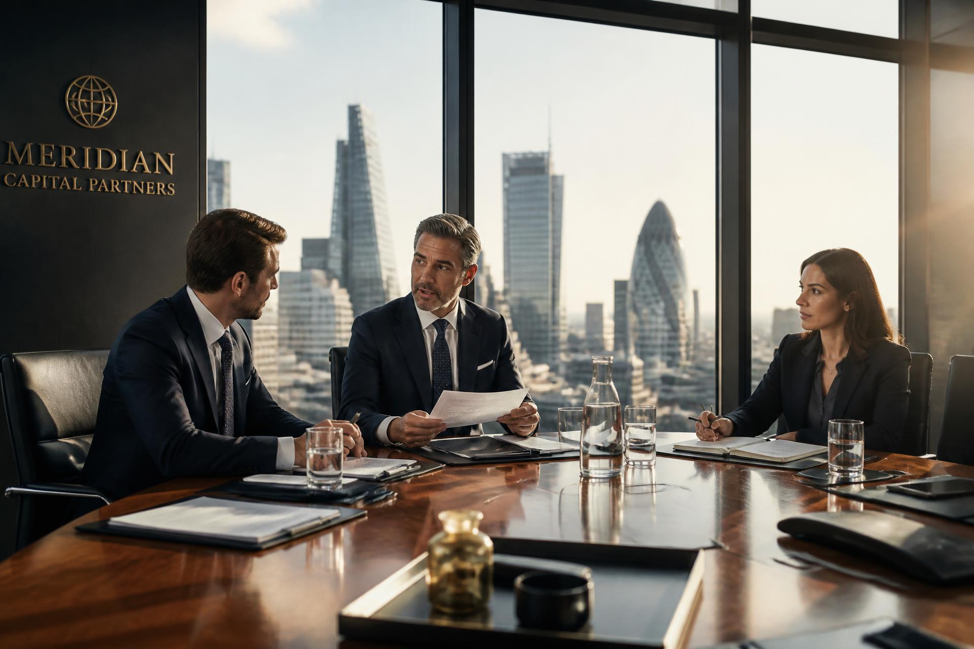 UK business advisers meeting with a company director in a City of London boardroom